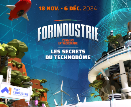 Affiche du jeu ForIndustrie avec un univers metaverse comme dans un jeu vidéo. Le fond est bleu