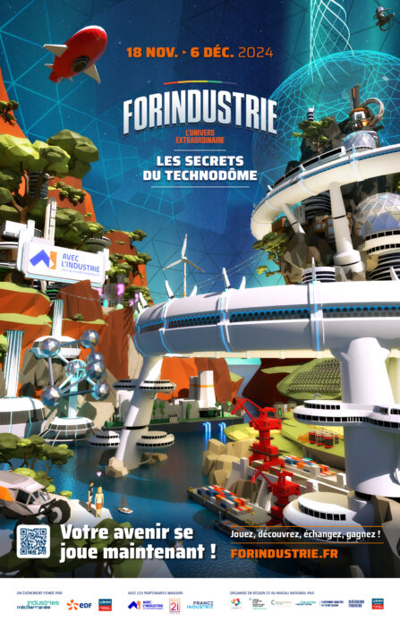 Affiche du jeu ForIndustrie avec un univers metaverse comme dans un jeu vidéo. Le fond est bleu